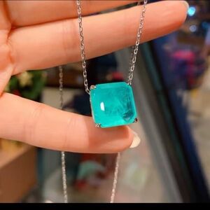 Gorgeous 3CT square cut Pariaba tourmaline silver pendant necklace #199